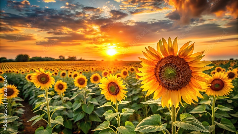 Obraz premium Sunflower field at sunset with tall plants and vibrant yellow blooms against a warm orange sky, sunflowers, landscape, golden hour, sunset