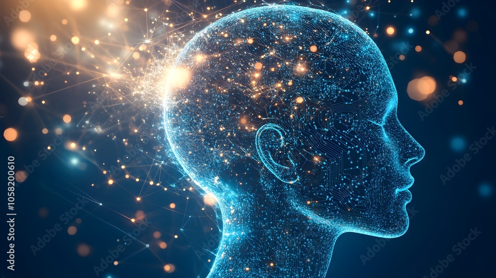 High-tech silhouette of a human head, brain circuitry shining with electric light, visualizing data flow and the digital transformation of thought High-tech silhouette of a human head, brain circuitry shining with electric light, visualizing data flow and the digital transformation of thought