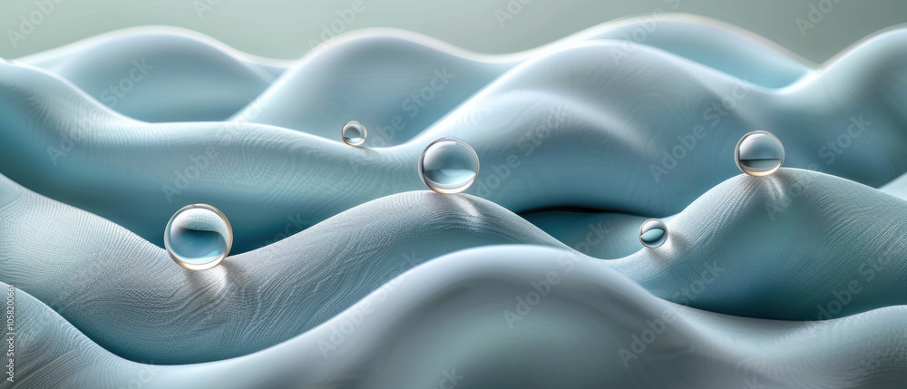 Obraz premium Close-up of water droplets resting on textured blue surface resembling soft waves, beautifully illuminated by gentle light