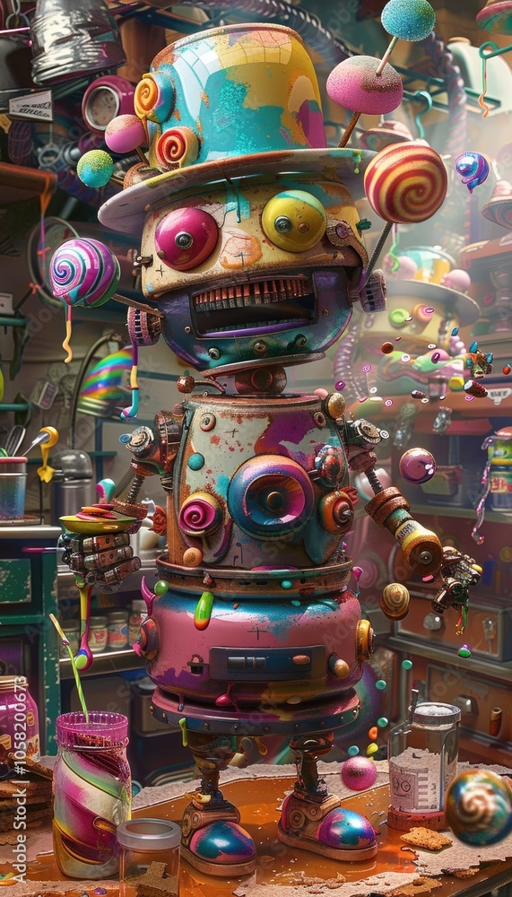 Fototapeta premium Quirky Robot in a Candy-Coated Chaos