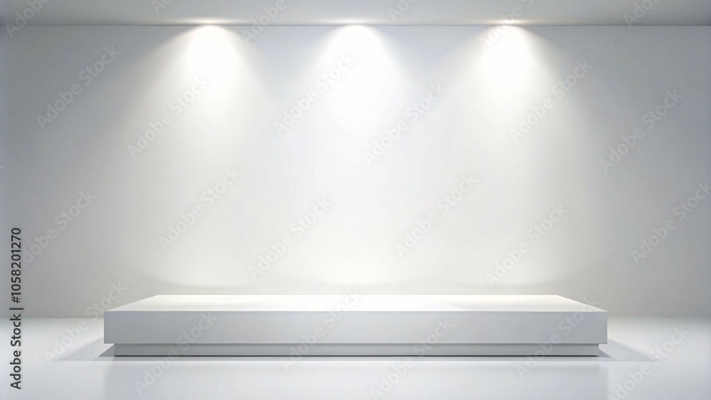 A white pedestal sits in front of a white wall, illuminated by three spotlights positioned above. The pedestal is positioned in the centre of the image, with the spotlights and their beams of light A white pedestal sits in front of a white wall, illuminated by three spotlights positioned above. The pedestal is positioned in the centre of the image, with the spotlights and their beams of light