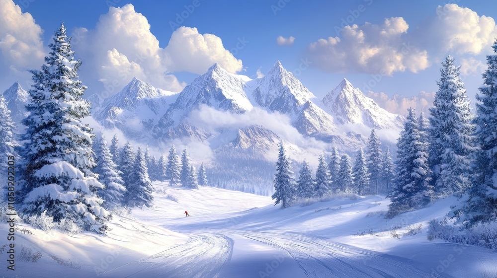 Fototapeta premium Majestic Snow-Covered Mountain Landscape with Pine Trees and Clear Blue Sky in Winter Wonderland