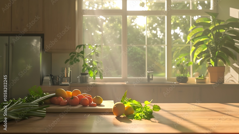 A sunlit kitchen scene featuring fresh vegetables and fruits on a wooden countertop, surrounded by vibrant plants and a bright window.