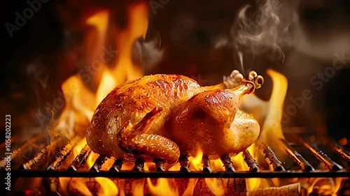 Whole roasted chicken on flaming barbecue grill, surrounded by smoke and fire. Smoky grill, cooking outdoors, grilled meat, culinary delight