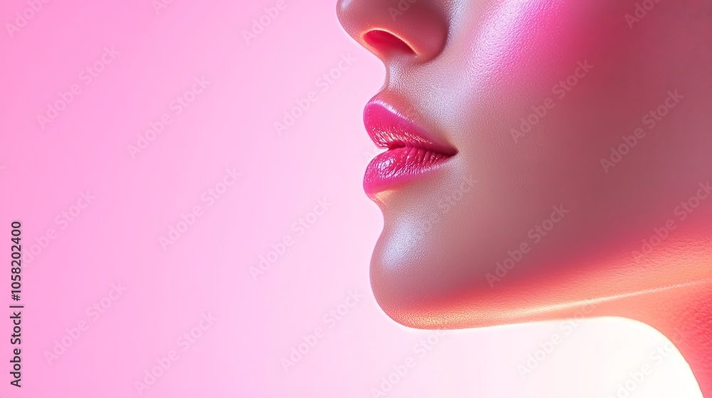 Close-up of a woman's face, soft lighting, visible skin-lifting lines gently contouring her jawline and under-eye area, with a soothing pink background symbolizing advanced skincare Close-up of a woman's face, soft lighting, visible skin-lifting lines gently contouring her jawline and under-eye area, with a soothing pink background symbolizing advanced skincare