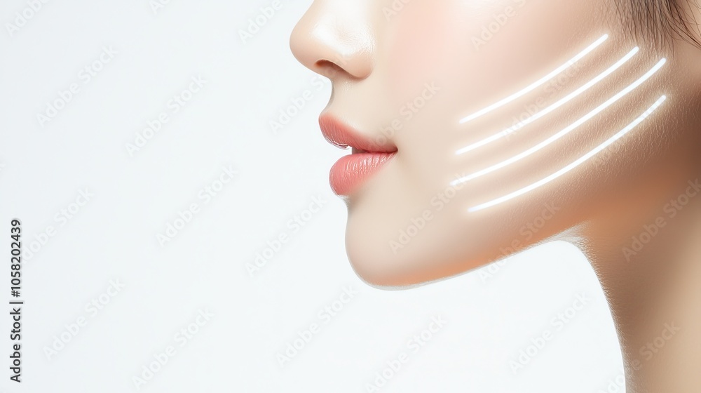 Close-up of a woman's face with delicate, lifted jawline and temples, soft white lines enhancing contour, gentle spa lighting, beauty and wellness concept Close-up of a woman's face with delicate, lifted jawline and temples, soft white lines enhancing contour, gentle spa lighting, beauty and wellness concept