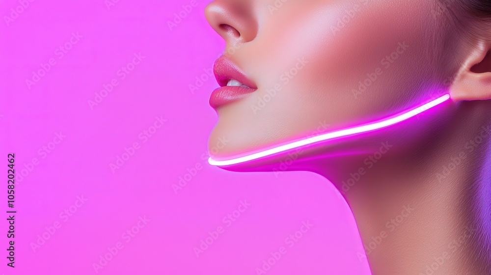 Close-up of a woman's face with delicate, lifted jawline and temples, soft white lines enhancing contour, gentle spa lighting, beauty and wellness concept Close-up of a woman's face with delicate, lifted jawline and temples, soft white lines enhancing contour, gentle spa lighting, beauty and wellness concept