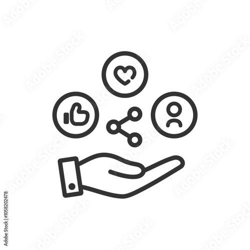 手のひらに乗せたSNSのいいね、フォロー、シェアのベクターアイコン(線画・白黒)