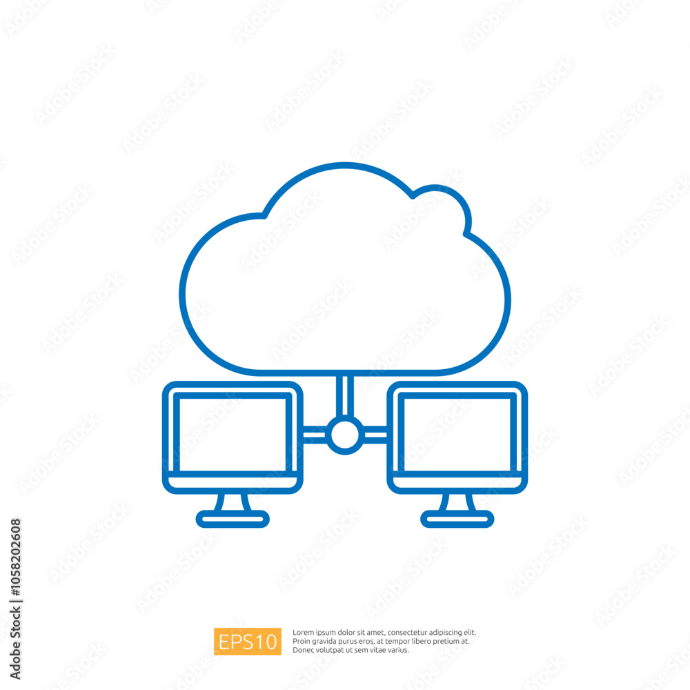 A simple graphic depicting a cloud connected to two computer monitors, illustrating the concept of cloud computing and network connectivity. A simple graphic depicting a cloud connected to two computer monitors, illustrating the concept of cloud computing and network connectivity.