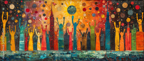 Celebrating diversity and unity in a vibrant cityscape with abstract figures, colorful dots, and a bright sun illuminating the night sky