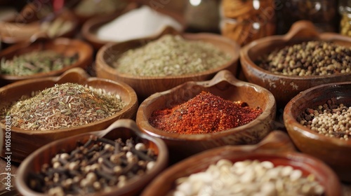 Variety of spices and herbs for preparing meals displayed on a table.