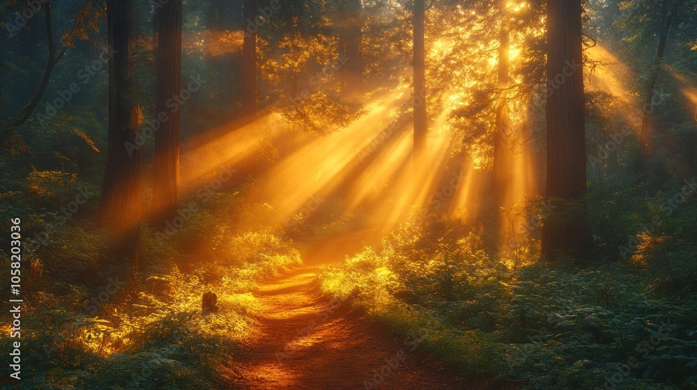 Obraz premium Sunlight streaming through trees in a serene forest setting.