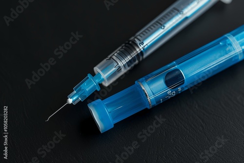 Blue insulin injector pen with needles for diabetes treatment on black background, top view. Glucose management, weight loss, subcutaneous injection device. Healthcare and diet concept. photo