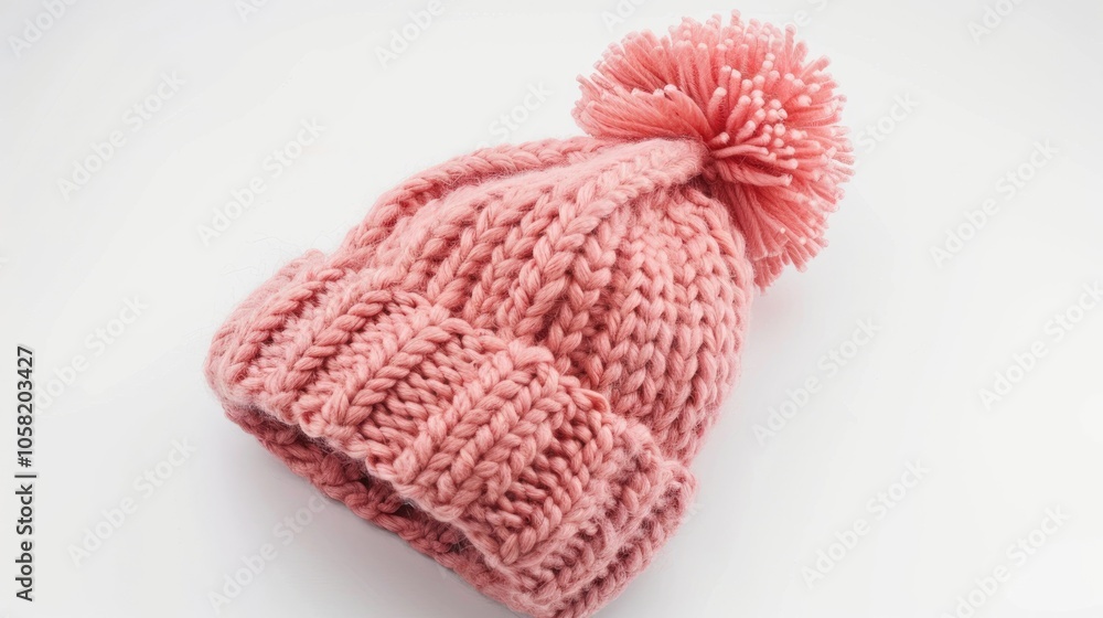 Knitted pink hat with pompon on white background Knitted pink hat with pompon on white background