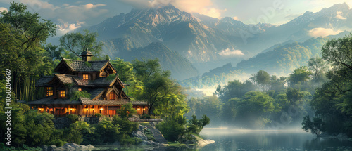 A tranquil lakeside cabin nestled among trees with stunning mountain views during early morning light