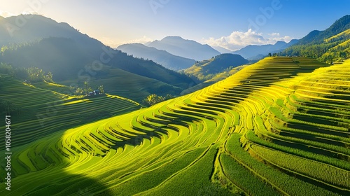 Terraced rice field in harvest season in Mu Cang Chai, Vietnam. Mam Xoi popular travel destination.  photo