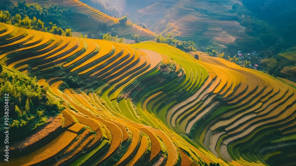 Fototapeta premium Terraced rice field in harvest season in Mu Cang Chai, Vietnam. Mam Xoi popular travel destination.