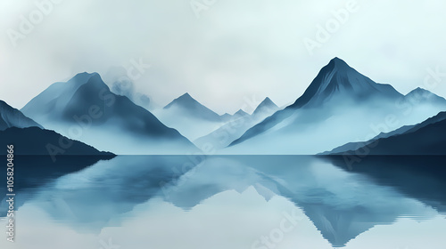 Tranquil foggy lake surrounded by mountains , serene, misty, tranquil, peaceful, nature, landscape, mist, mountain, water, reflection. Foggy Mountains. Illustration