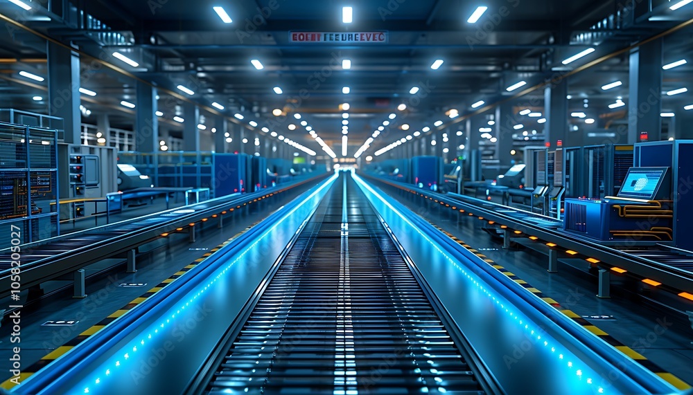 A high-tech industrial facility featuring illuminated conveyor belts and advanced machinery in a spacious environment. A high-tech industrial facility featuring illuminated conveyor belts and advanced machinery in a spacious environment.