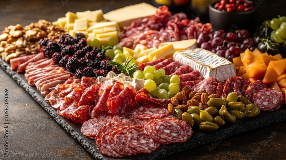 A beautifully arranged charcuterie board with assorted cheeses, A beautifully arranged charcuterie board with assorted cheeses,