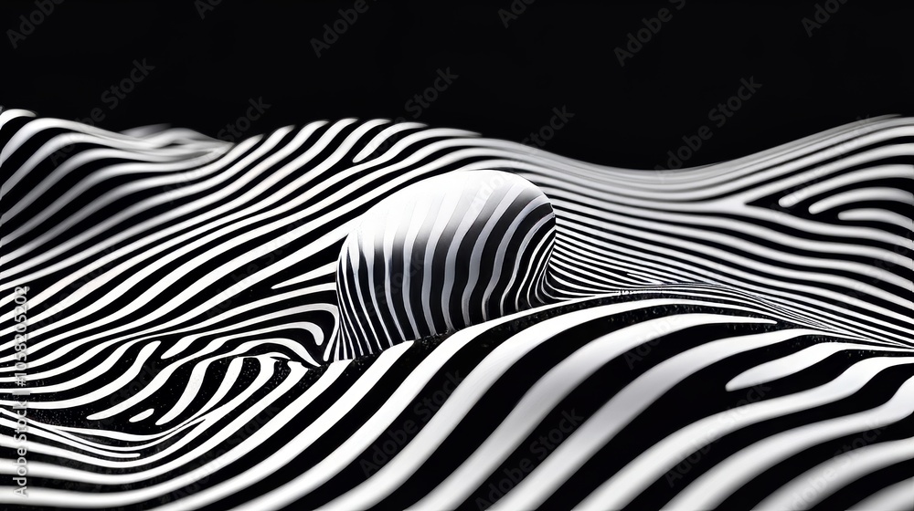 Obraz premium Flowing zebra stripes with a rippling effect, creating a sense of movement and depth in a textured, black-and-white abstract design. Abstract zebra waves, Textured ripple effect