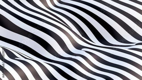 Flowing zebra stripes with a rippling effect, creating a sense of movement and depth in a textured, black-and-white abstract design. Abstract zebra waves, Textured ripple effect