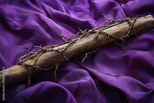 A wooden cross surrounded by thorns and set against a purple. Generative Ai