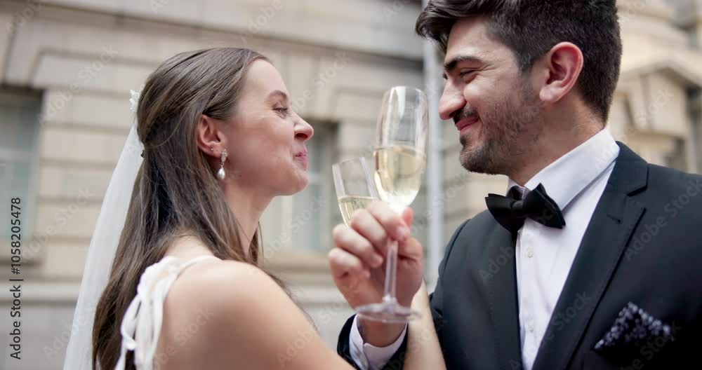 City, kiss and couple at wedding with champagne, glass and happy bride with groom in street together. Urban romance, man and woman with court marriage, love and drinks for outdoor celebration in town City, kiss and couple at wedding with champagne, glass and happy bride with groom in street together. Urban romance, man and woman with court marriage, love and drinks for outdoor celebration in town