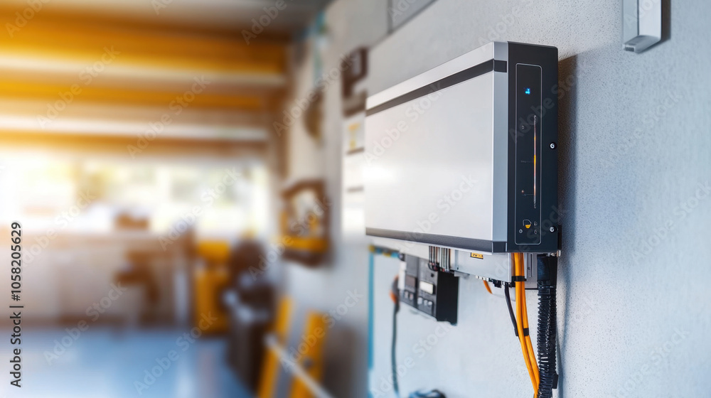 close up view of solar inverter mounted on wall, showcasing its sleek design and functionality. This device is essential for converting solar energy into usable electricity, highlighting modern close up view of solar inverter mounted on wall, showcasing its sleek design and functionality. This device is essential for converting solar energy into usable electricity, highlighting modern