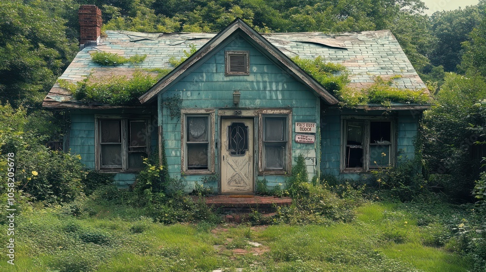 Abandoned blue house overgrown with plants and greenery. Abandoned blue house overgrown with plants and greenery.