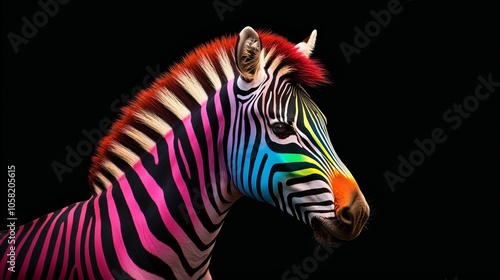 Gentle pastel zebra stripes standing out vividly on a jet-black background, creating a unique, minimalist modern art piece. Minimalist zebra design, Pastel contrast art