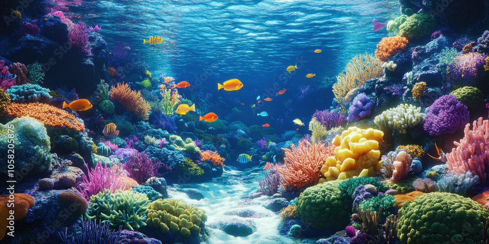Naklejka premium vibrant underwater scene showcasing colorful reef filled with diverse corals and various fish swimming gracefully. lively colors and intricate details create captivating marine environment