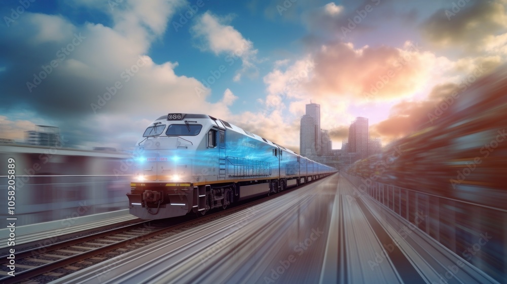 Naklejka premium Train Speeding Through City