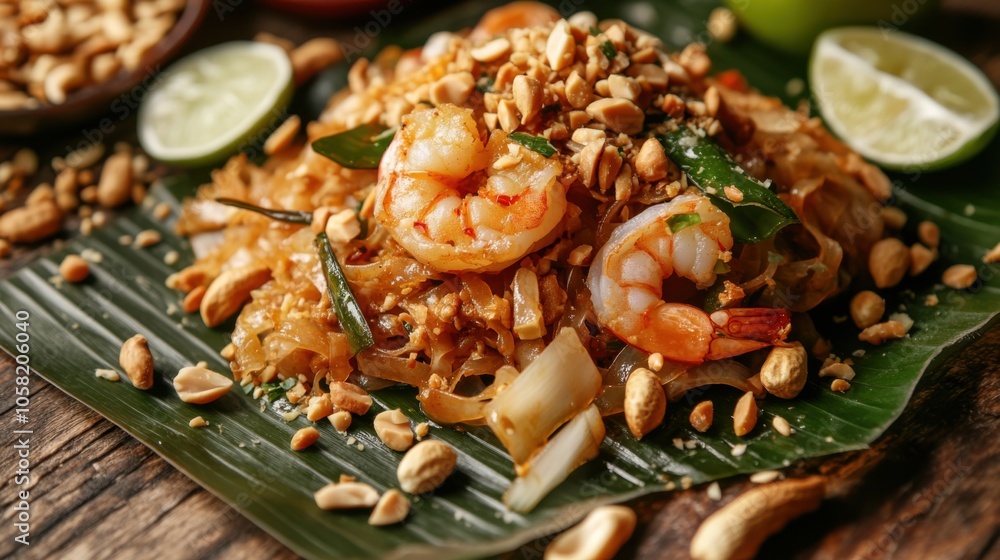 A delicious portion of Pad Thai with shrimp, garnished with peanuts A delicious portion of Pad Thai with shrimp, garnished with peanuts