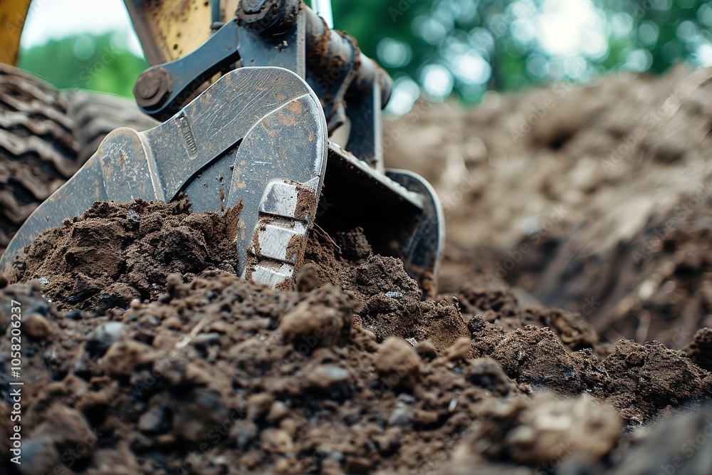 Backhoe digging's selective focus on the metal bucket teeth. Generative Ai Backhoe digging's selective focus on the metal bucket teeth. Generative Ai