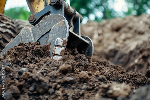 Backhoe digging's selective focus on the metal bucket teeth. Generative Ai