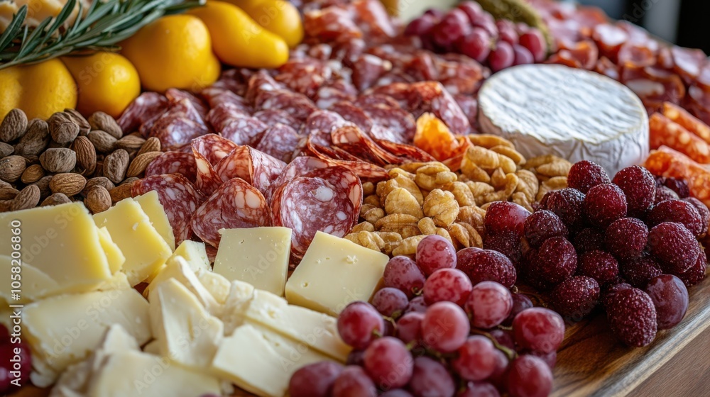 A luxurious charcuterie spread featuring a variety of cheeses, A luxurious charcuterie spread featuring a variety of cheeses,