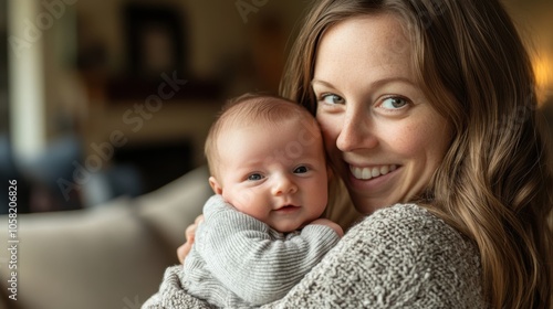 A loving mother holding her newborn baby, both smiling