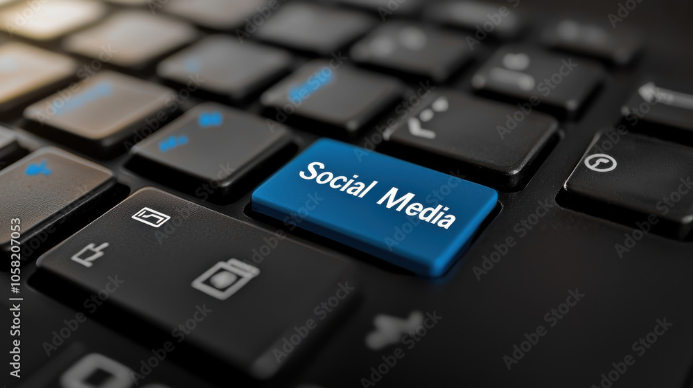 close up view of keyboard featuring prominent blue key labeled Social Media, highlighting importance of digital communication and connectivity