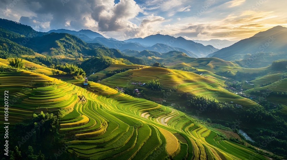 Terraced rice field in harvest season in Mu Cang Chai, Vietnam. Mam Xoi popular travel destination. Terraced rice field in harvest season in Mu Cang Chai, Vietnam. Mam Xoi popular travel destination.