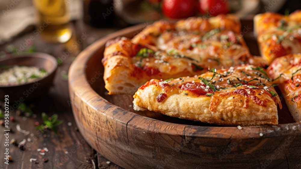 Homemade pizza breaksticks served in a wooden bowl with deep-dish pizza. Homemade pizza breaksticks served in a wooden bowl with deep-dish pizza.
