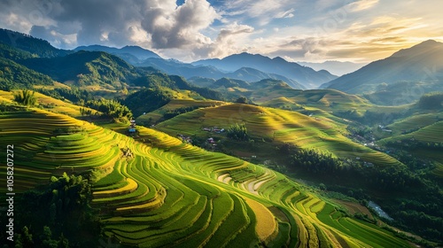 Terraced rice field in harvest season in Mu Cang Chai, Vietnam. Mam Xoi popular travel destination. 