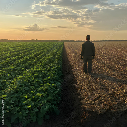 Photo - Farmer Standing Between Lush Green Field and Dry Cracked Earth at Sunset