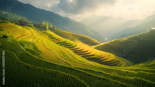 Terraced rice field in harvest season in Mu Cang Chai, Vietnam. Mam Xoi popular travel destination.  photo