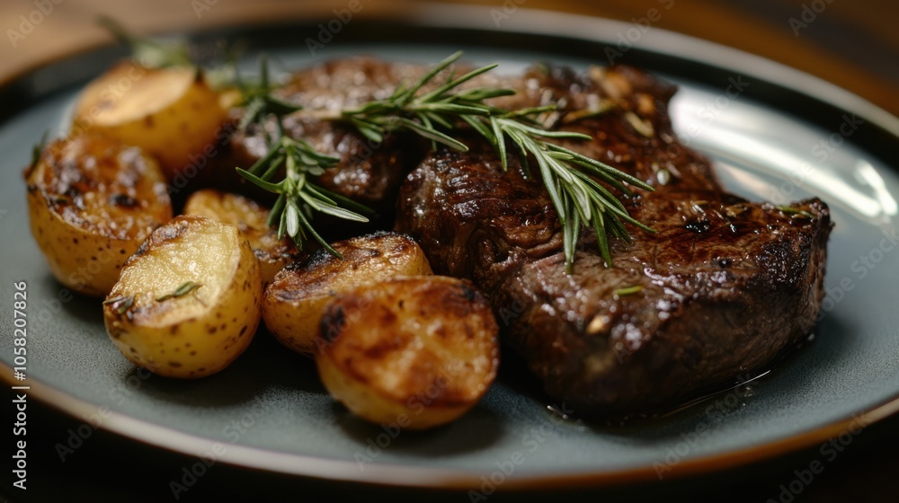 A plate of succulent grilled steak, garnished with rosemary A plate of succulent grilled steak, garnished with rosemary