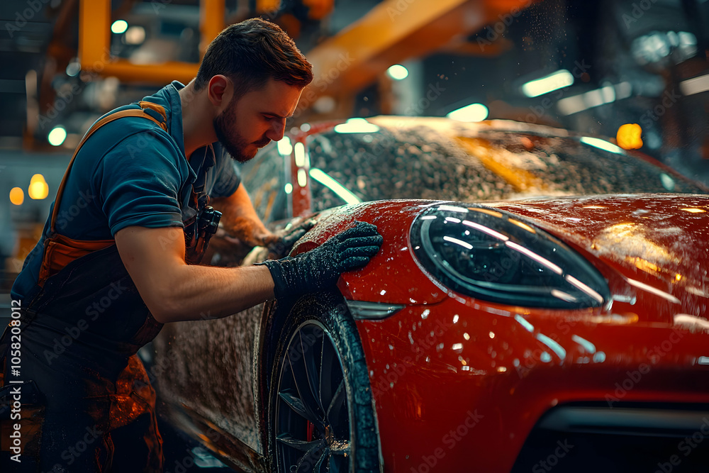 Car Wash Photo: Detailer Applies Foam to Red Sports Car Car Wash Photo: Detailer Applies Foam to Red Sports Car
