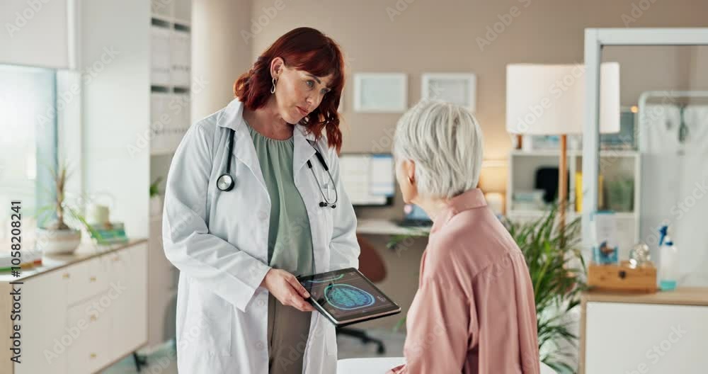 Senior woman, xray and doctor with tablet in office for medical exam, information and results of MRI. Clinic, technology and neurologist by patient for brain scan, feedback and healthcare diagnosis Senior woman, xray and doctor with tablet in office for medical exam, information and results of MRI. Clinic, technology and neurologist by patient for brain scan, feedback and healthcare diagnosis