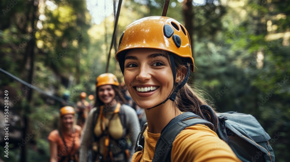A group of smiling climbers in helmets enjoying an outdoor adventure in a forest. A group of smiling climbers in helmets enjoying an outdoor adventure in a forest.