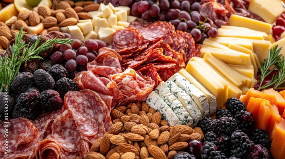 A sophisticated charcuterie board with a range of cheeses, A sophisticated charcuterie board with a range of cheeses,