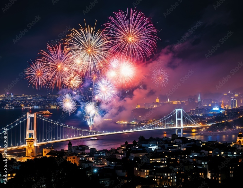 Spectacular Fireworks Over Istanbul's Bosphorus Bridge and Maiden's Tower Spectacular Fireworks Over Istanbul's Bosphorus Bridge and Maiden's Tower